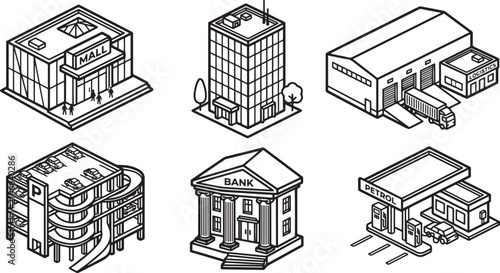 Bild auf Leinwand Professional Modern Isometric Urban City Buildings Shopping Mall Office Skyscrap