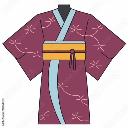 Detailed Illustration of a Traditional Japanese Kimono with Floral Accents