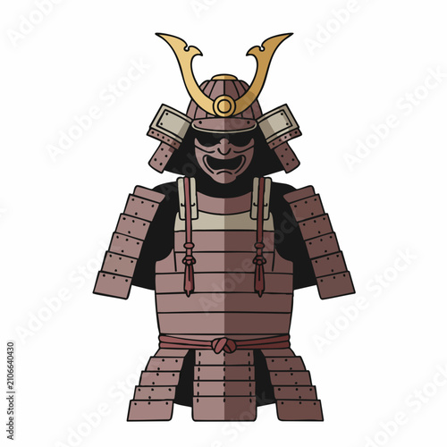 Detailed Illustration of a Traditional Japanese Samurai Armor with Helmet and Mask.