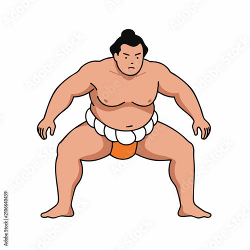 Sumo Wrestler in Ready Stance, Orange Mawashi, Cartoon Illustration.