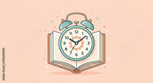 Open book with alarm clock, flat illustration of study time management, learning schedule and productivity concept with copy space