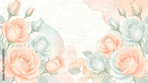 Elegant Watercolor Background With Peach And Teal Roses
And Blooming Buds On Textured Paper For Romantic Designs