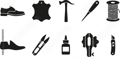 Bild auf Leinwand Traditional Shoemaking and Leathercraft Tool Silhouette Set featuring Shoes Leat