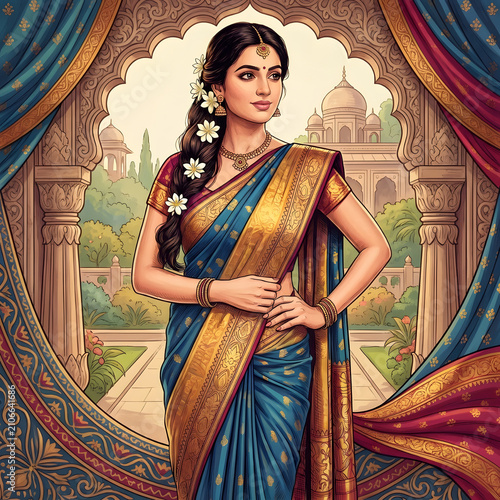 A woman in an Indian silk sari,  A beautiful Indian woman in a blue and gold sari at the ornate palace arch
