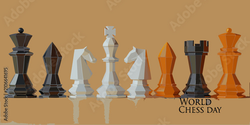 Schilderij op canvas Geometric modern chess pieces lineup against a tan background