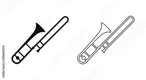 Bild auf Leinwand A black and white illustration of a trombone shown in both filled and outline fo
