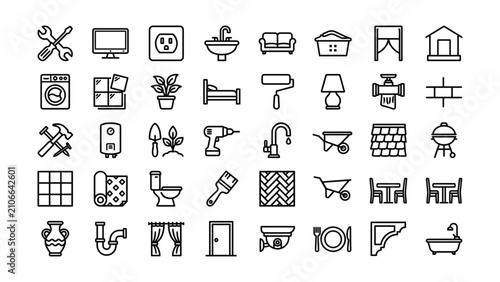 Collection of line icons for home renovation and construction tools and objects