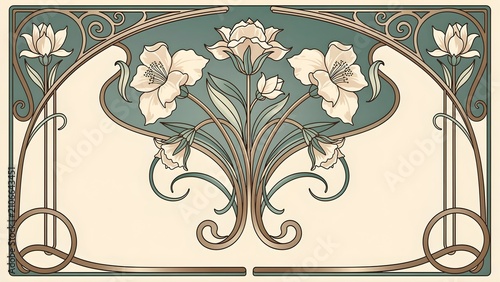 An Elegant Vintage Art Nouveau Floral Illustration With Flowing Curving Lines
And Ornate Decorative Border Frames In Classic Muted Tones