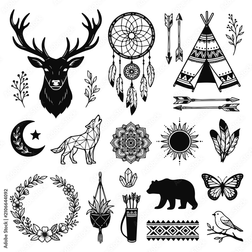 Obraz premium Indian Boho Chic Vector Design Elements Collection for Creative Bohemian Projects