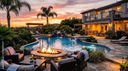 Luxury house backyard with swimming pool and fire pit at sunset with palm trees and modern patio furniture