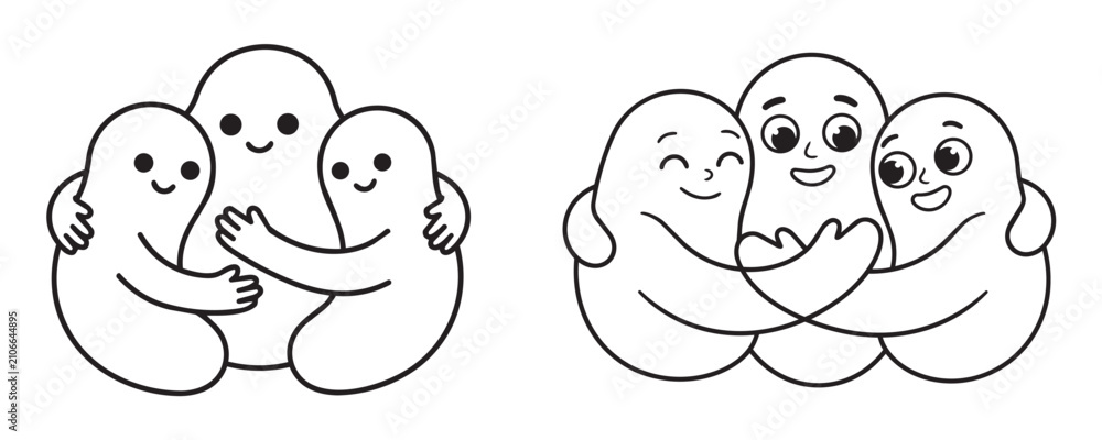 Fototapeta premium Happy ghosts hugging and embracing, friendly spirits in loving connection, playful characters showing affection, cute and joyful supernatural beings.