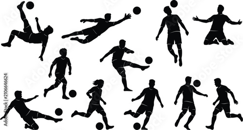 Fotografie Black silhouettes of soccer players in action, kicking, heading, dribbling, pass