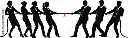 Fotografie Business silhouette team pulling rope in tug of war, corporate competition, men