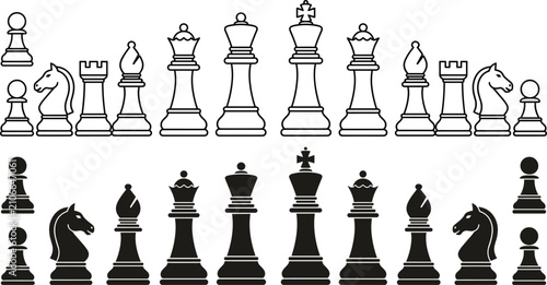 Obraz na płótnie Chess pieces icons, king queen knight bishop rook pawn, black and white board ga