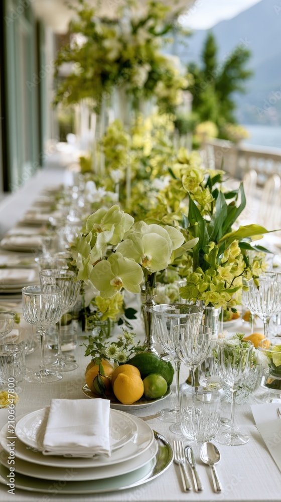 Fototapeta premium Luxury Wedding Reception Table With White Floral Centerpiece At Lake Como