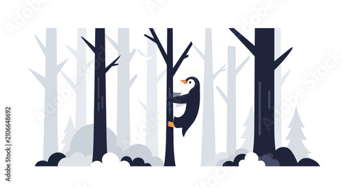 Penguin Climbing Tree in Snowy Forest