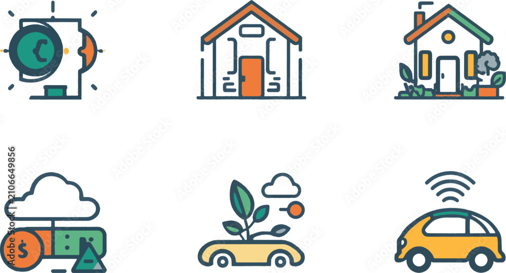 Fototapeta premium Professional Modern Smart Home Eco Architecture Financial Brain Cloud Technology and Autonomous Electric Vehicle Line Icons Set for Sustainable Business Graphics