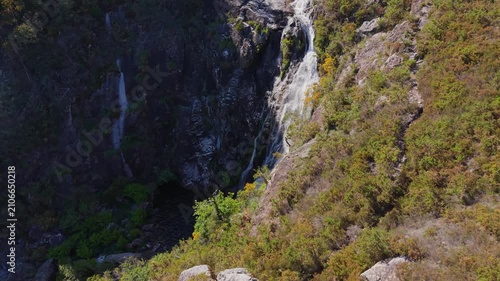 Steep Rocky Cliffs With Tourón Waterfall In Melón, Ourense, Galicia, Spain. Aerial Drone Shot