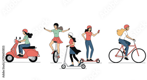People using various modern transportation methods including scooter unicycle bicycle and electric kick scooter.