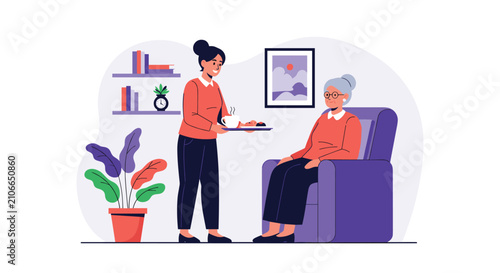 Caring young woman serving hot tea and snacks to elderly grandmother resting in comfortable armchair at home.