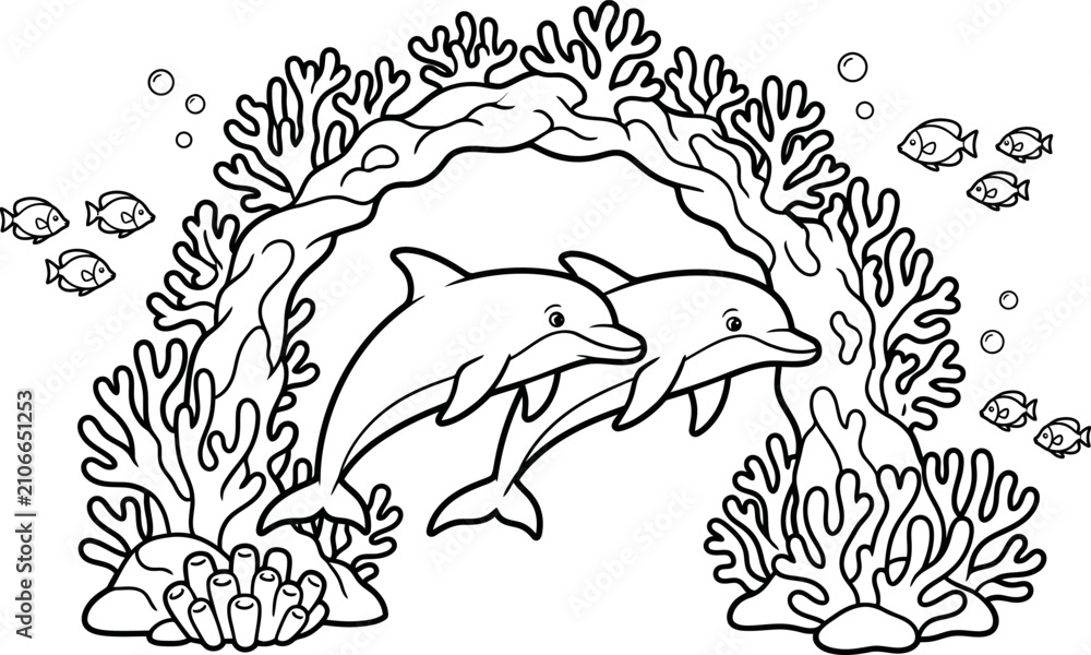 Fototapeta premium Dolphin family swimming underwater near colorful coral reef hand drawn vector coloring book page for children aquatic marine life animal illustration.
