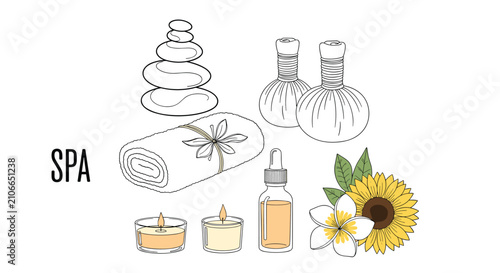 Line art illustration of spa wellness products including massage stones aromatic candles and yellow sunflower.