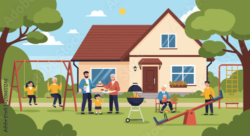 Happy family and friends having outdoor backyard barbecue party while children play on playground equipment in sun.