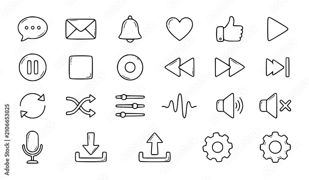 Fototapeta premium Minimal Doodle Media Controls and Message Icons Collection Outline Vector Set