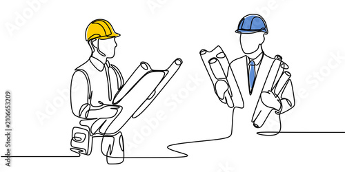 Obraz na płótnie Single continuous line drawing of young construction manager giving instruction to builder coordinator at site meeting