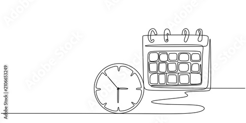 One line calendar and clock, minimalist continuous line drawing, date and time planning concept