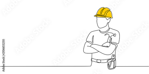 One line construction worker, minimalist continuous line drawing, builder and construction industry concept
