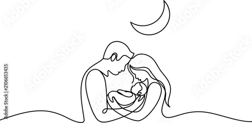 Schilderij op canvas Minimalist continuous line drawing of parents cradling their newborn baby under