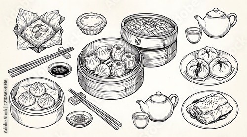 Set of hand drawn traditional Chinese dim sum food illustrations with tea and bamboo steamer baskets