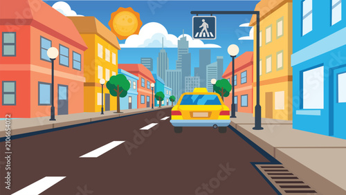 Cuadro en lienzo Flat style city street vector illustration with yellow cab and buildings and tow