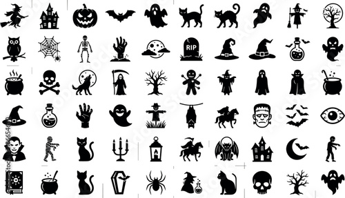 Canvas Print Creative collection of flat black Halloween silhouettes including werewolf vampire coffin mummy zombie skull headless horseman and creepy tree shapes isolated on white