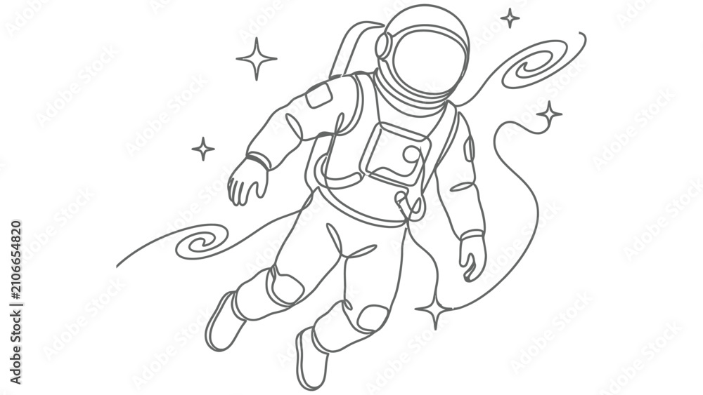 Obraz premium Space man Minimalist Continuous One Line Drawing, Modern Vector Line Art Isolated on White Background