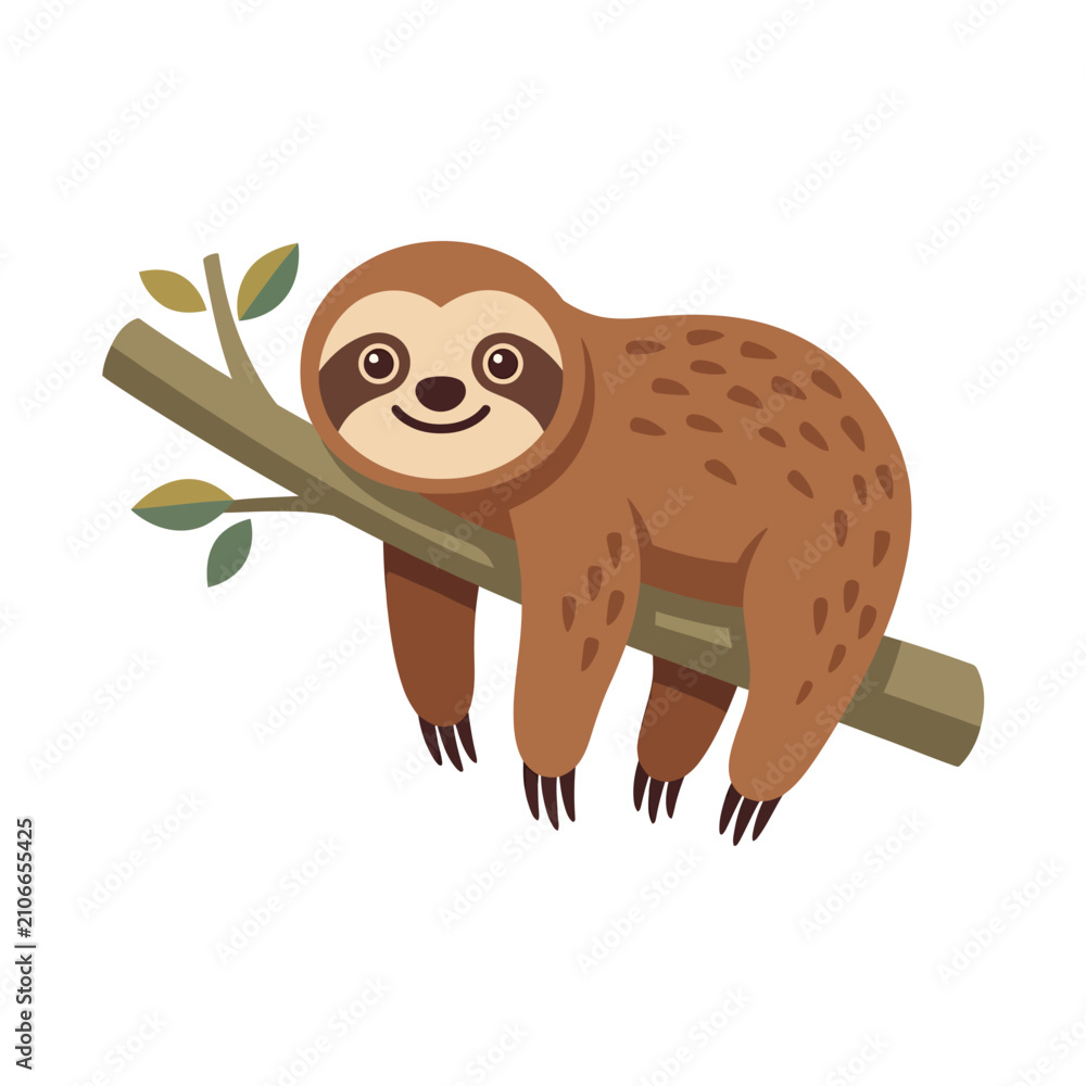 Fototapeta premium Cute cartoon sloth hanging on a tree branch, smiling, isolated on white.