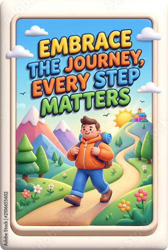 Embrace the journey every step matters motivational hiking poster with cheerful cartoon hiker for banner and wallpaper design