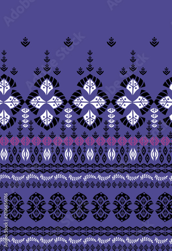 Seamless ethnic border pattern with geometric ornaments on purple background. Elegant brush stroke ikat tribal motif for luxury textile design, fashion fabric, apparel hem and digital printing.