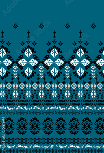 Ethnic geometric seamless border pattern with bohemian tribal ornaments on dark teal background.