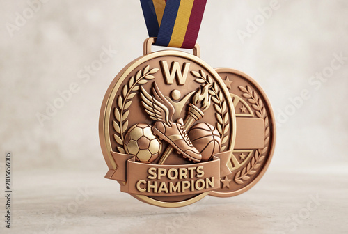 Sports champion bronze medal with ribbon and athletic icons for award ceremony medal design and trophy display