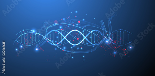 Futuristic biotechnology background with a glowing neon DNA. Vector