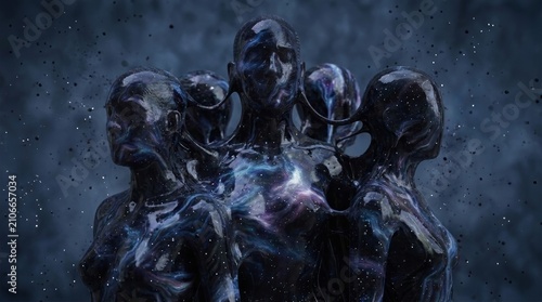 Abstract Group of Interconnected Human Figures with Cosmic Galaxy and Nebula
