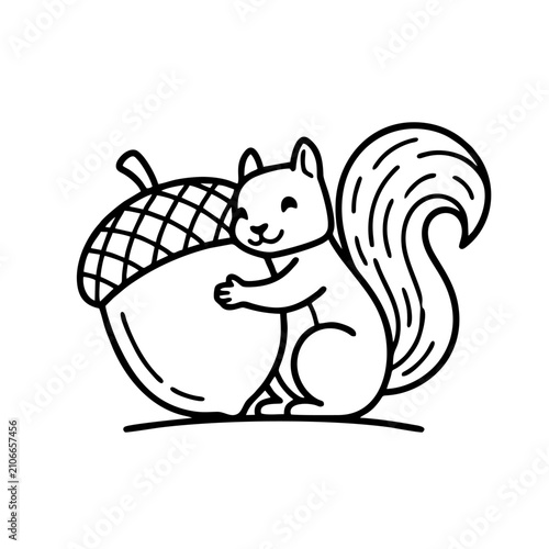 Squirrel Hugging a Large Acorn, Simple Geometric Shapes, Bold Black Outlines, Flat Vector Illustration