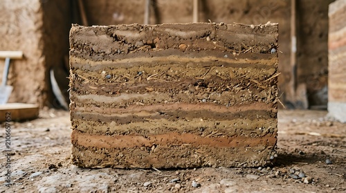 A rectangular section of compressed earth showing distinct layered strata of soil and organic straw fibers used for sustainable construction