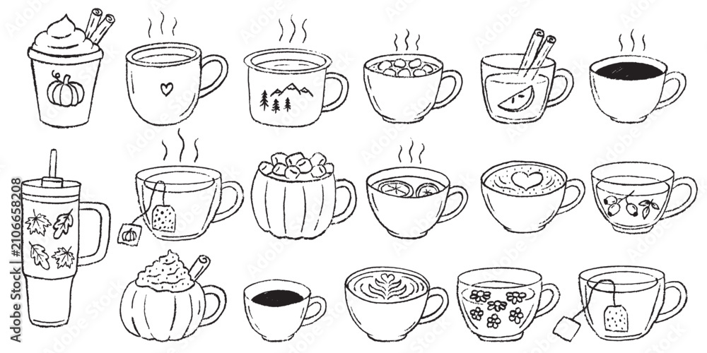 Obraz premium Autumn Hot Drinks Hand Drawn Doodle Set, Coffee Tea Cocoa Seasonal Cups, Simple Naive Vector Drawing