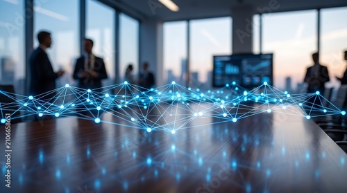 Corporate boardroom with glowing digital network connections on table representing global data integration and advanced business communication technology in modern office