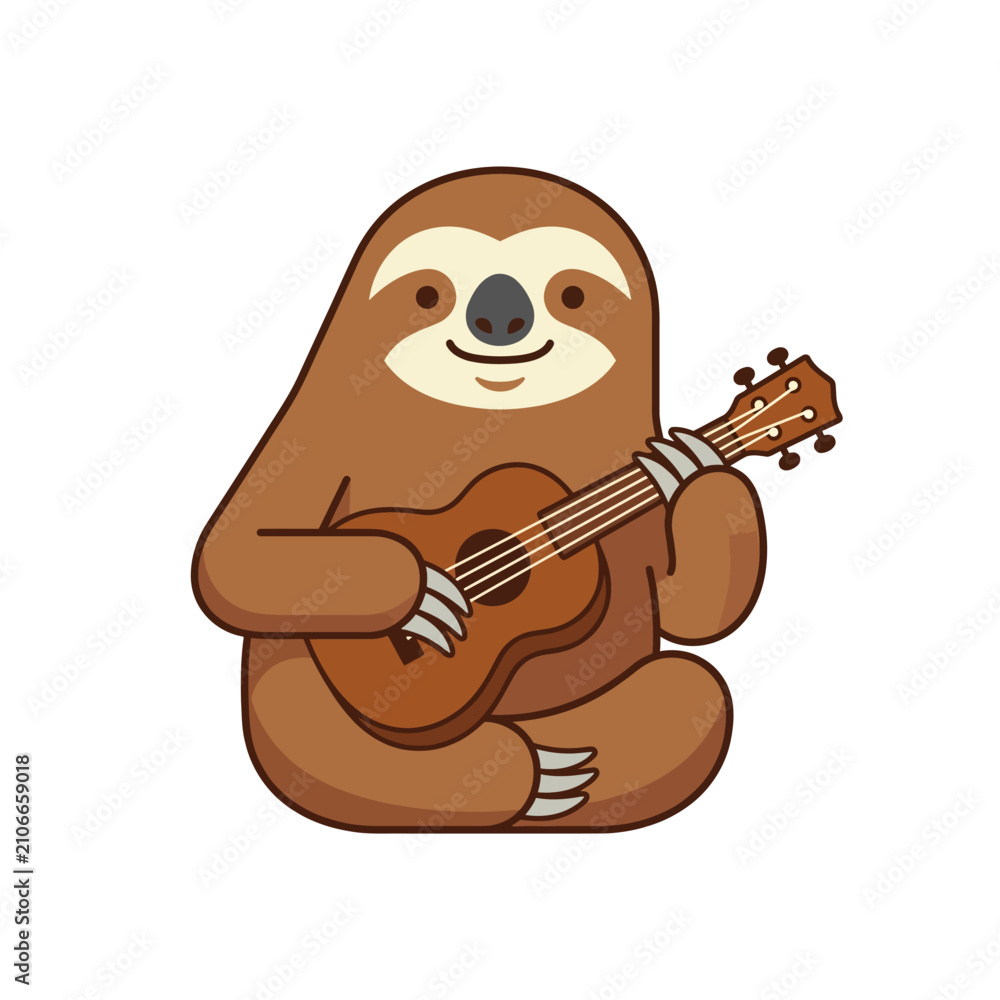 Fototapeta premium Cute Sloth Playing Ukulele, Relaxed Animal Musician, Vector Illustration