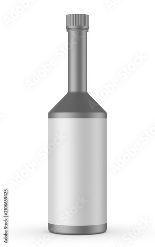 Realistic 3D illustration of a blank automotive fuel system cleaner bottle with a screw cap and wraparound label. Isolated on a white background, this clean packaging template.