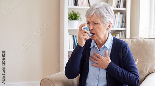 Senior woman using inhaler for asthma relief while sitting on a sofa in a cozy living room with bookshelves in the background